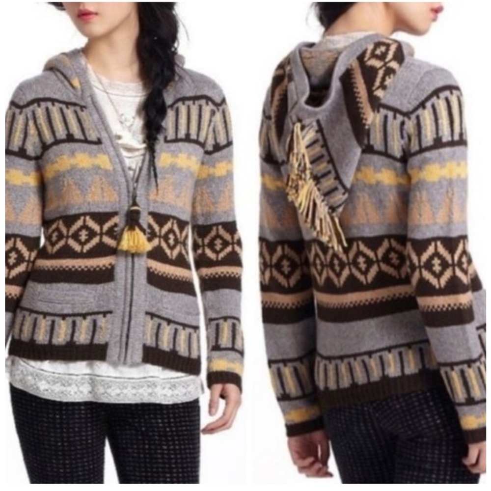 Sparrow Anthropologie Hooded Cardigan Sweater Grey Yellow Southwestern Tassel M